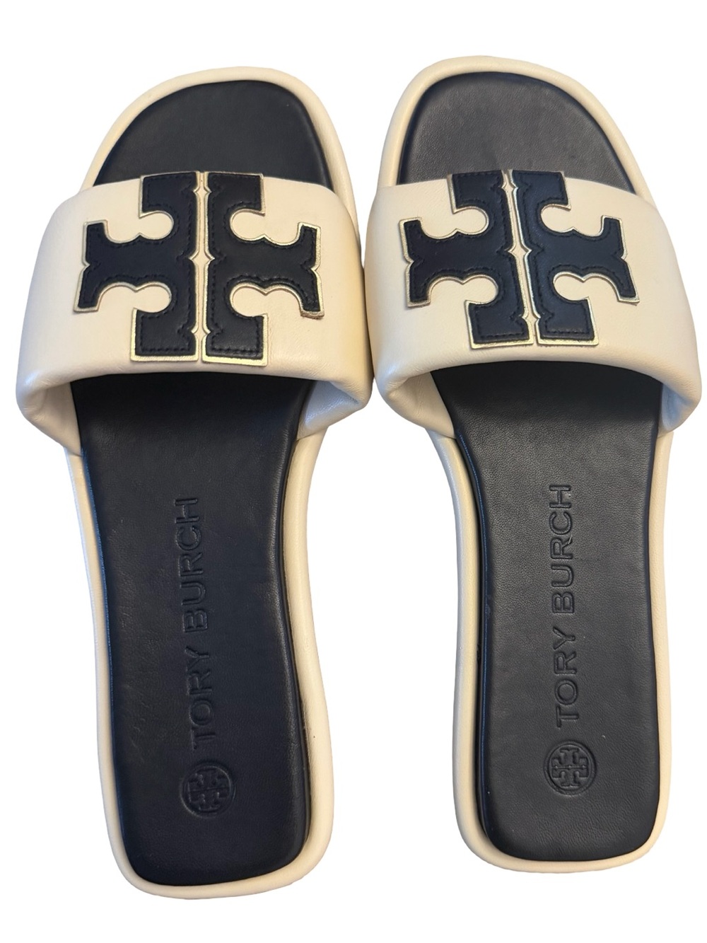 Tory Burch Cream and Black Logo Slide Sandals